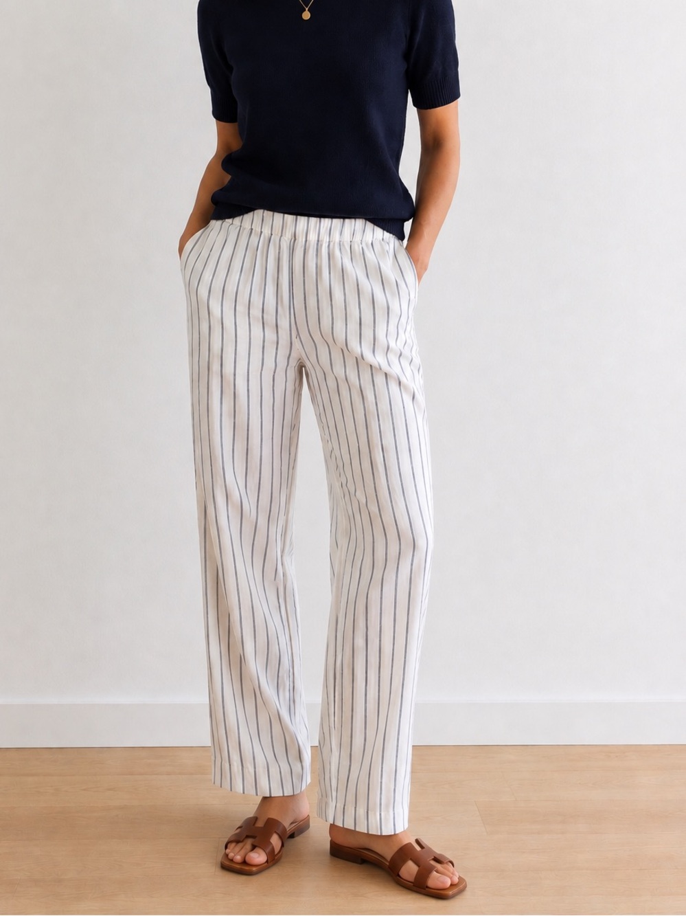 Jenni Kayne Navy Striped Bianca Pant Straight-Leg Small Like New Cotton/Viscose